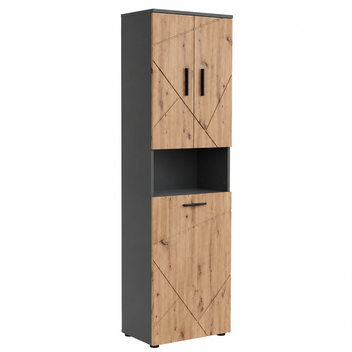 Armario Alto Vicco Irma Antracita y Roble, 50x172 cm, 3 Puertas y Cesta de Ropa para Clasificar Prendas