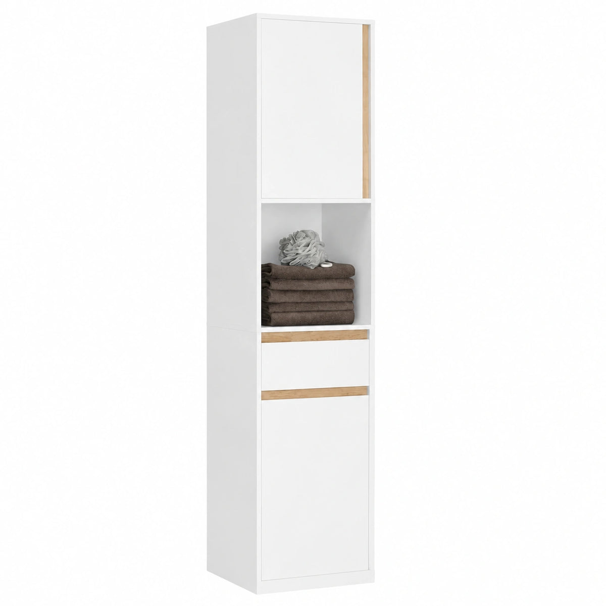 Armario Alto para Baño con Cajón y Puertas, Blanco, 35x33x170cm