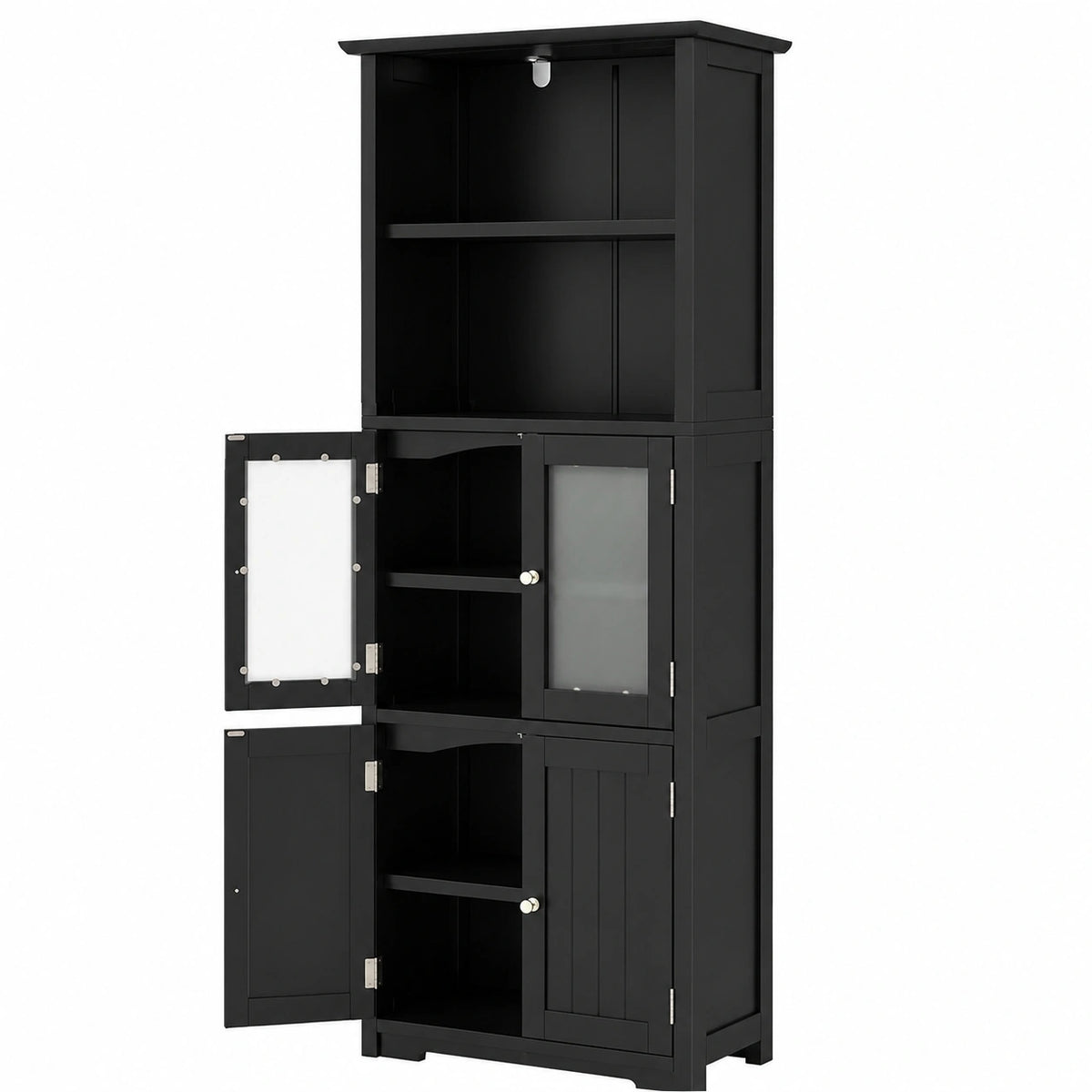 LIFEZEAL Armario Alto Independiente con 4 Puertas y Estantes Ajustables, Mueble de Almacenamiento con Vidrio Templado para Baño, Cocina y Salón en Negro