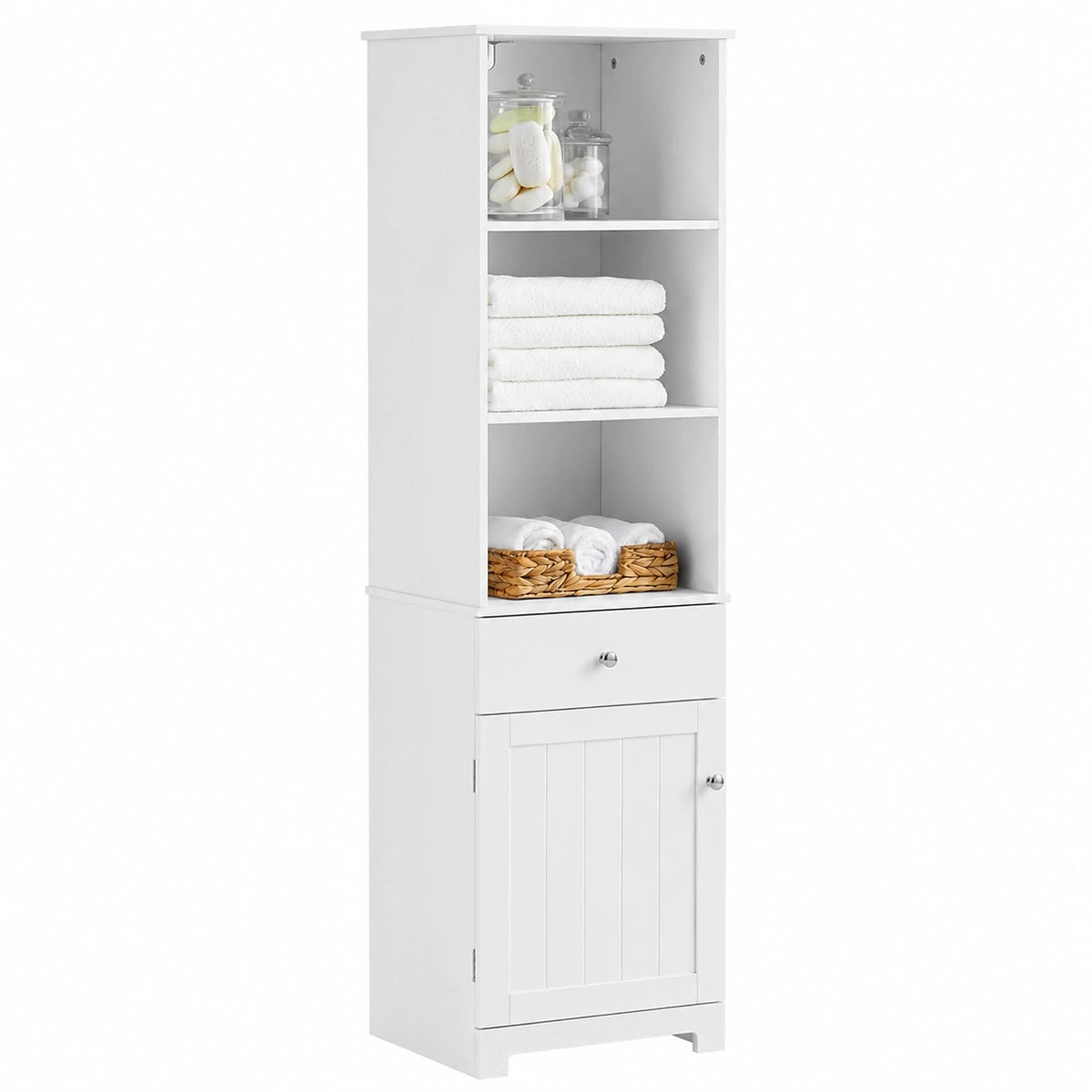 Armario Alto de Baño SoBuy con Estantes y Cajón, Blanco 40x161x35 cm