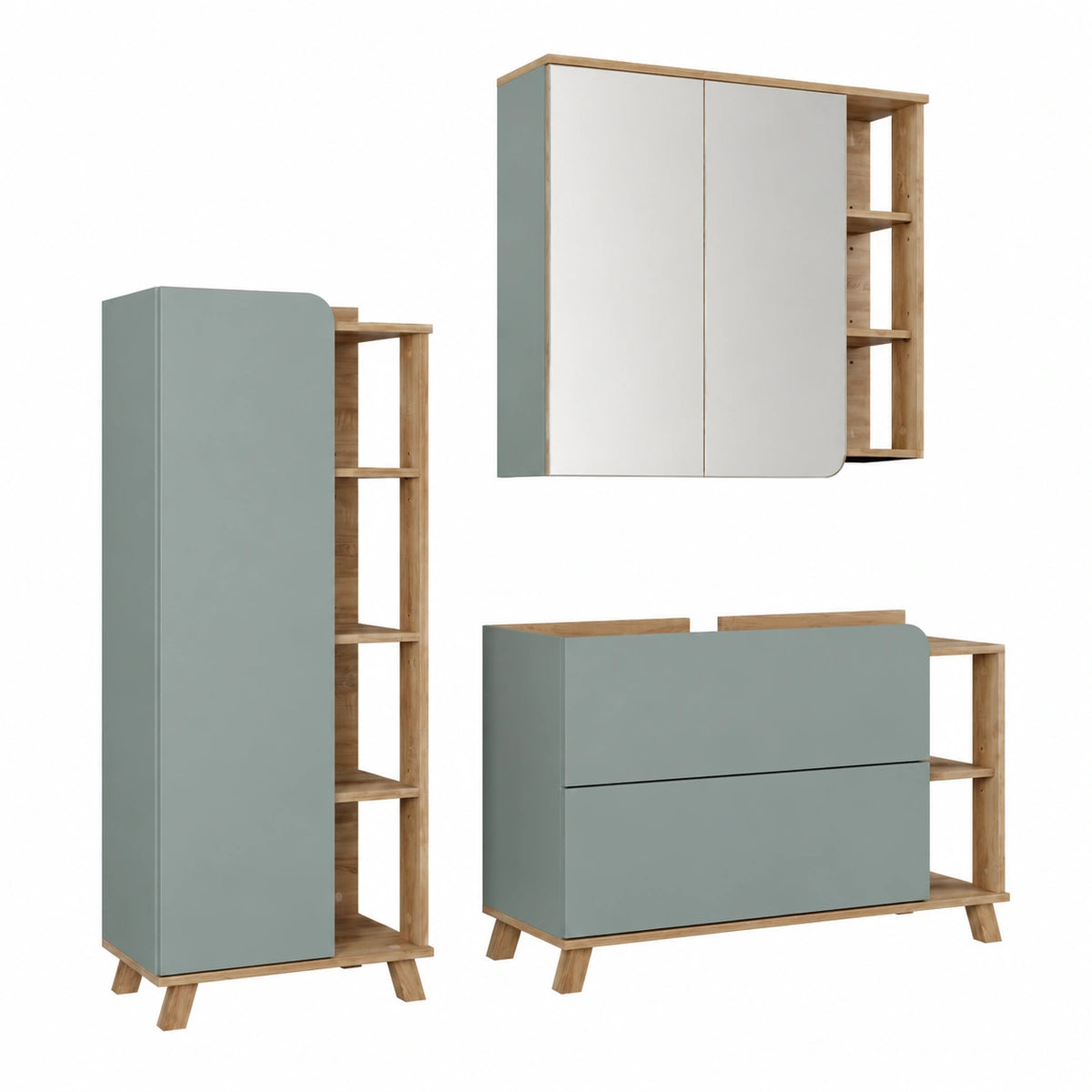 Juego de Muebles de Baño Vicco Karen, Sonoma/Azul, 100 cm, Incluye Mueble Lavabo, Armario con Espejo y Armario Mediano