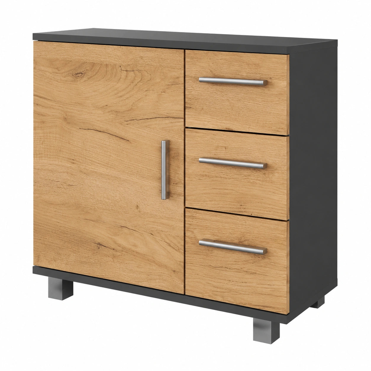 Mueble de Baño Vicco Ilias, Antracita/Roble, 60x60.8cm, Puerta y 3 Cajones, Espacio para Sifón