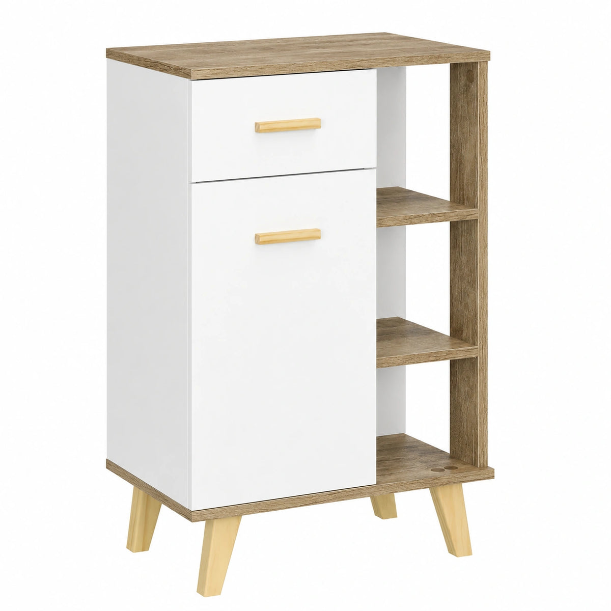 Armario Auxiliar Multiusos de Baño con Cajón y Estantes, Blanco y Natural